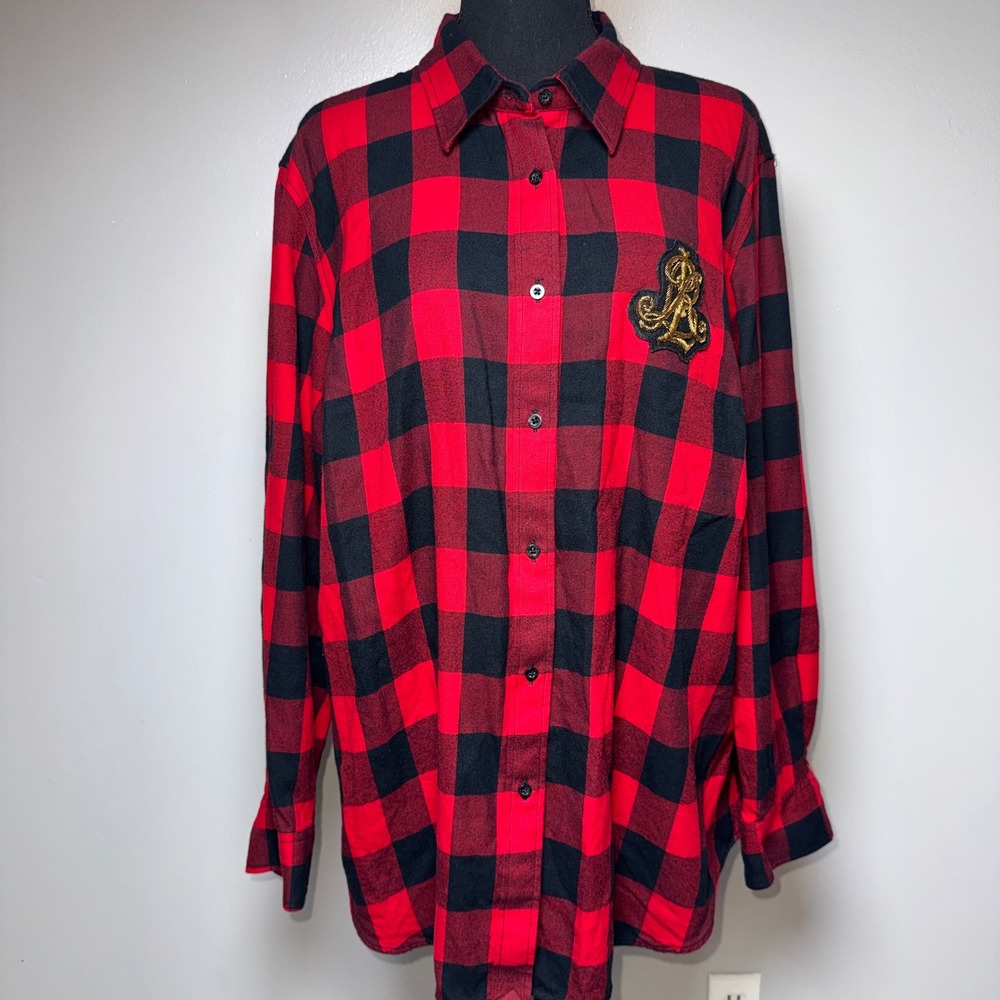 Lauren Ralph Lauren Red Black Buffalo Plaid Bullion Crest Flannel Shirt 2X Plus